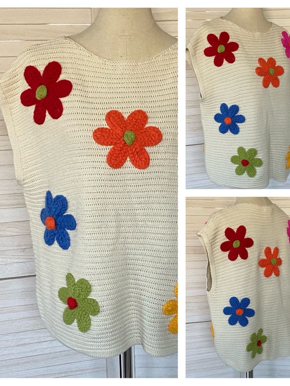BiBi Flower Patch Crochet Cream Knit Sweater Vest/Top SZ XL Boho Florsl